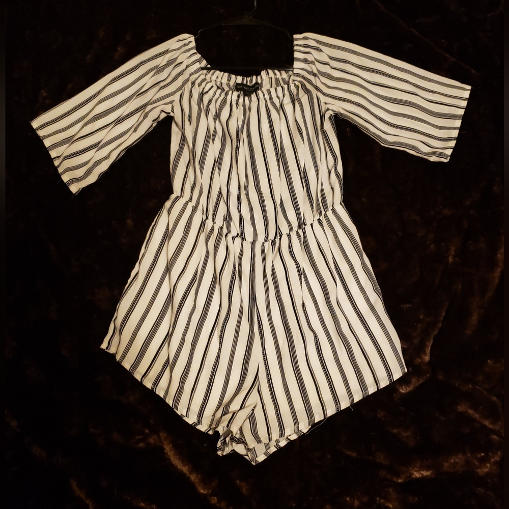 See You Monday Black and White Striped Romper